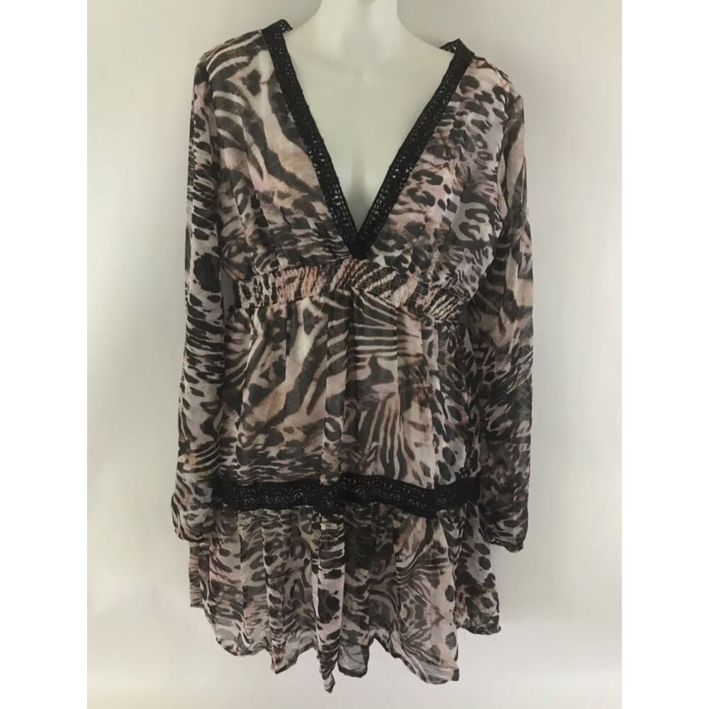 NEW Kendall + Kylie XL Deep V Neck Long Sleeve Short Dress‎ Animal Print & Lace